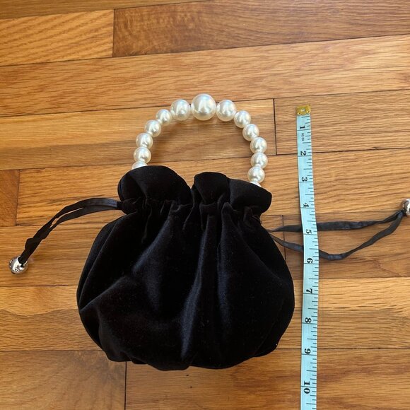 Black Velvet Drawstring Mini Purse With Pearl Handle & Satin Ribbon Accents - Picture 8 of 8